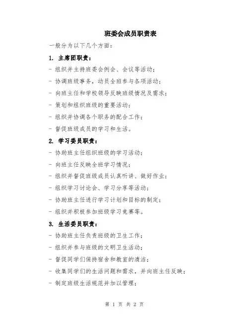 班委会成员职责表