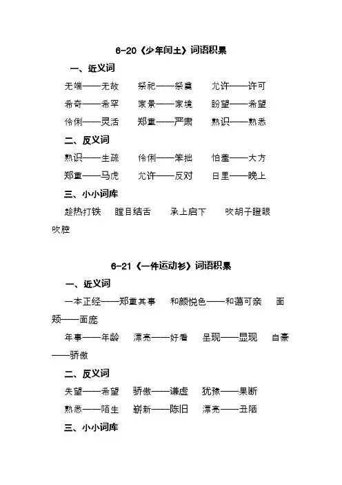2020部编版小学语文第九册6、7单元词语复习