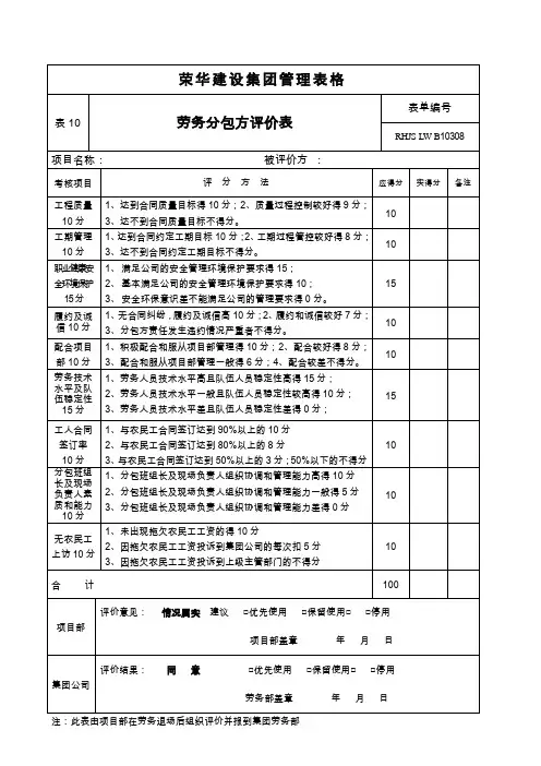 劳务分包队伍退场评价表