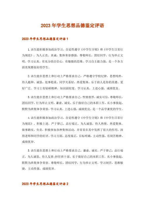 2023年学生思想品德鉴定评语