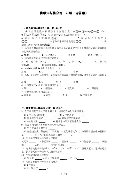化学式与化合价--习题(含答案)