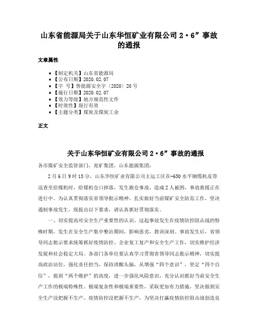 山东省能源局关于山东华恒矿业有限公司2·6”事故的通报