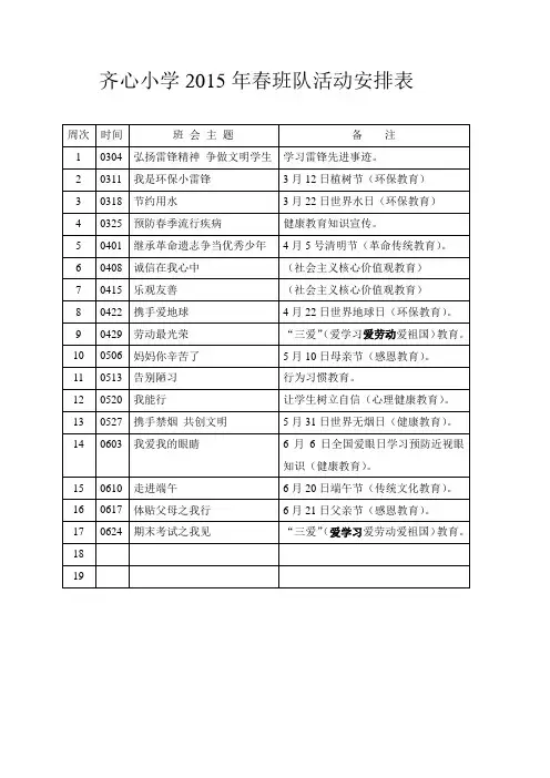 齐心小学2015年春班队活动安排表及国旗下讲话安排