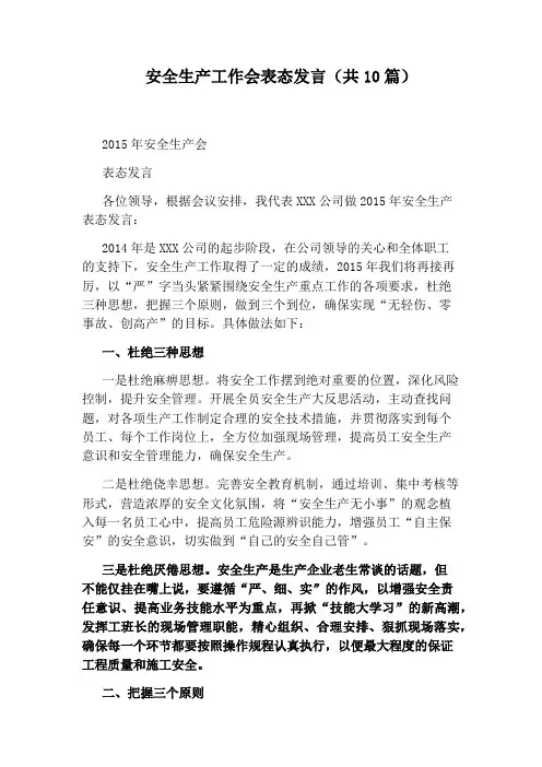 安全生产工作会表态发言(共10篇)