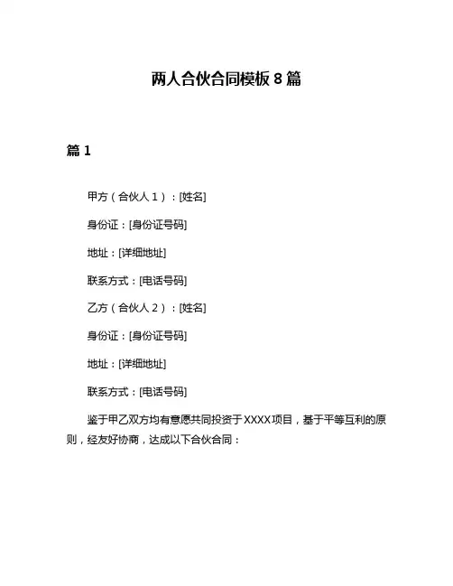 两人合伙合同模板8篇