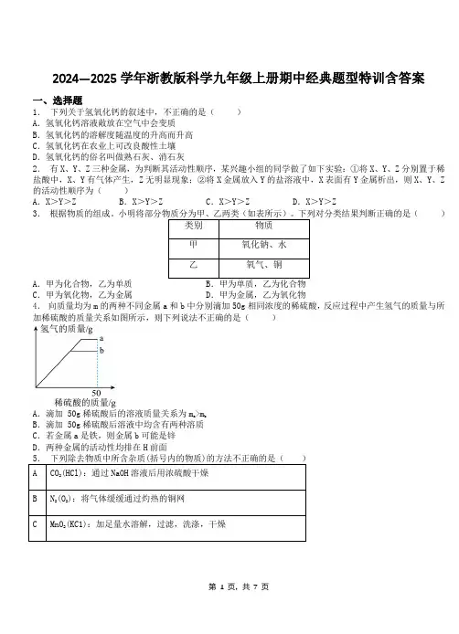 2024—2025学年浙教版科学九年级上册期中经典题型特训含答案