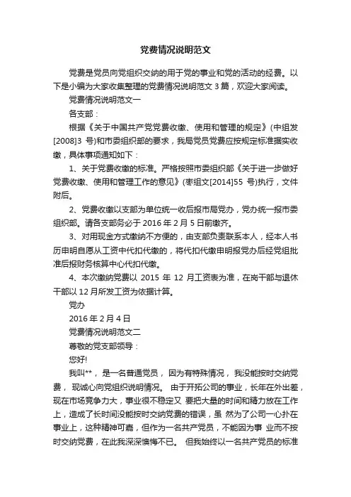 党费情况说明范文