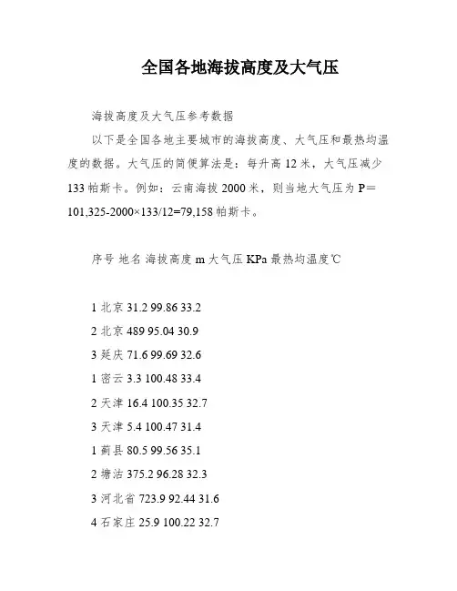全国各地海拔高度及大气压