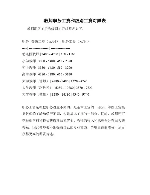教师职务工资和级别工资对照表