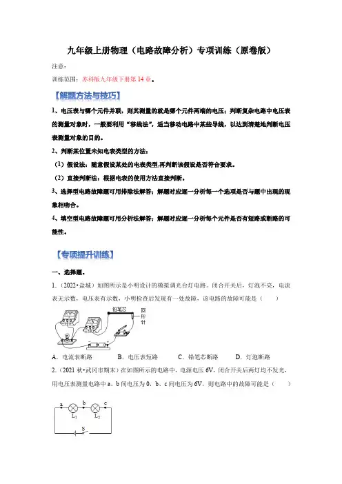 【期末复习】2022-2023学年初三物理上册专项训练(电路故障分析)