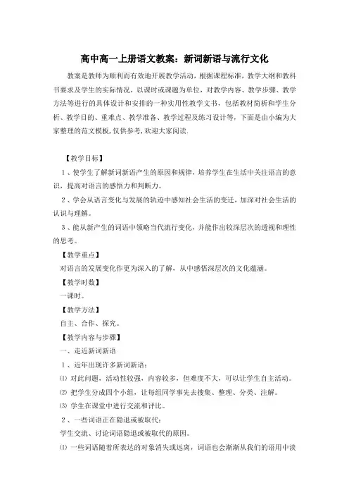 高中高一上册语文教案：新词新语与流行文化