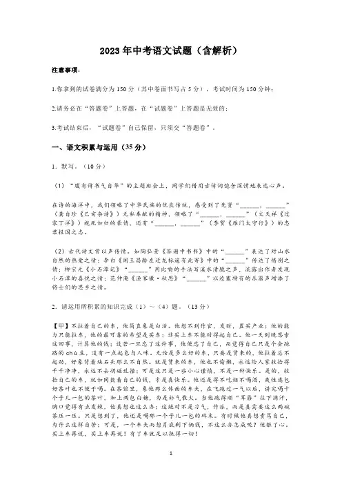 2023年中考语文试题(含解析)