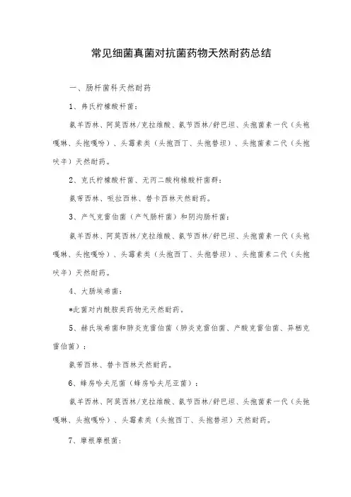 常见细菌真菌对抗菌药物天然耐药总结