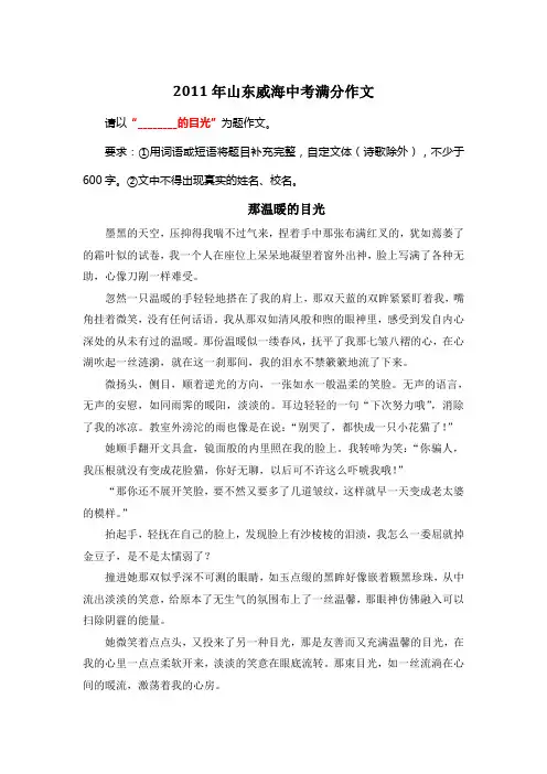 2011年山东威海中考满分作文《那温暖的目光》