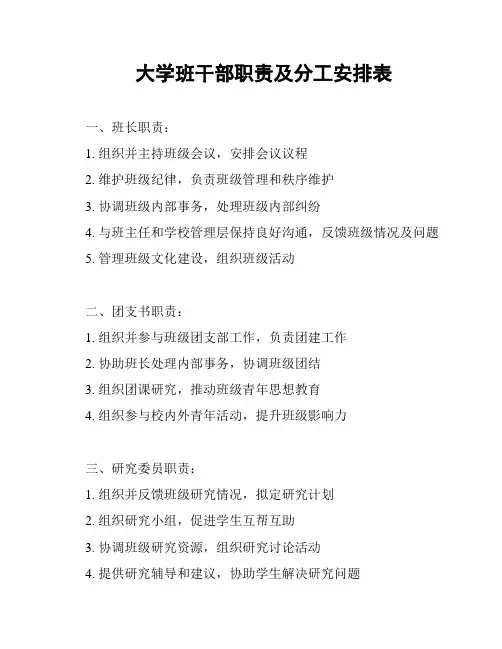 大学班干部职责及分工安排表