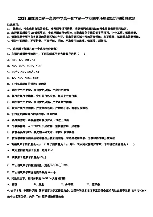 2025届郸城县第一高级中学高一化学第一学期期中质量跟踪监视模拟试题含解析