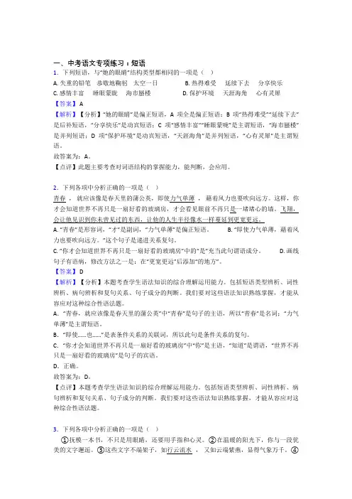 部编人教版中考语文配套练习册 短语答案及解析