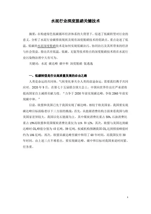 水泥行业深度脱硝关键技术