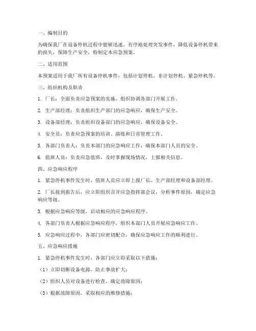 厂房设备停机应急预案范文