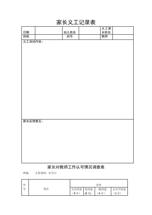 幼儿园家校联系表格：家长义工记录表