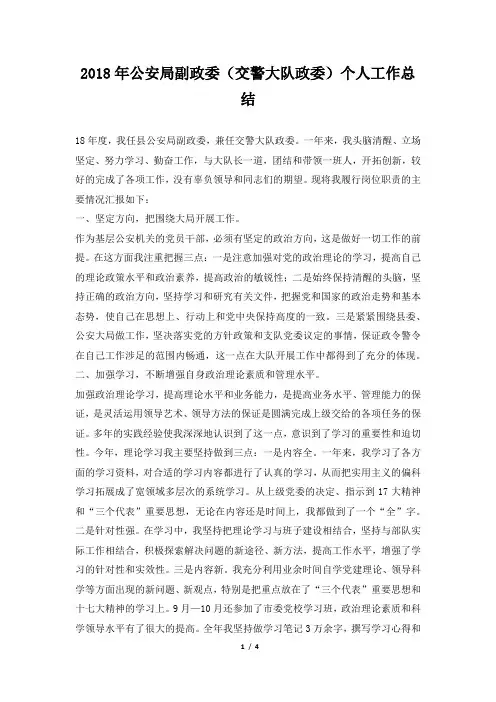 公安局副政委(交警大队政委)个人工作总结