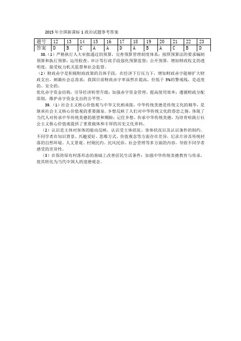 2015年全国新课标一政治试题答案