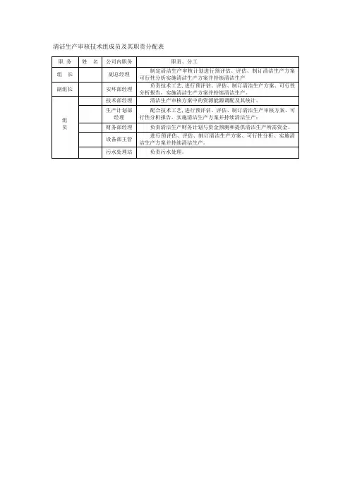 清洁生产审核技术组成员及其职责分配表