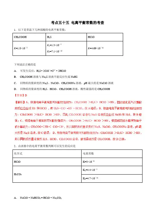 考点55 电离平衡常数的考查-2020年高考化学必刷题(解析版)