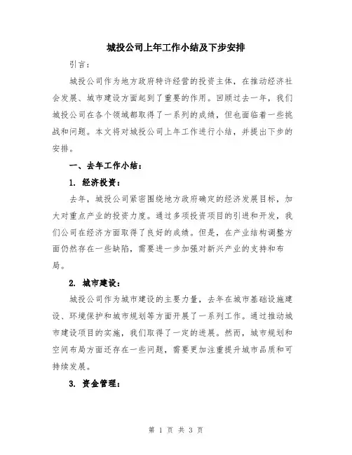 城投公司上年工作小结及下步安排