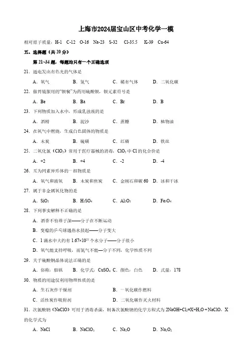 上海市2024届宝山区中考化学一模