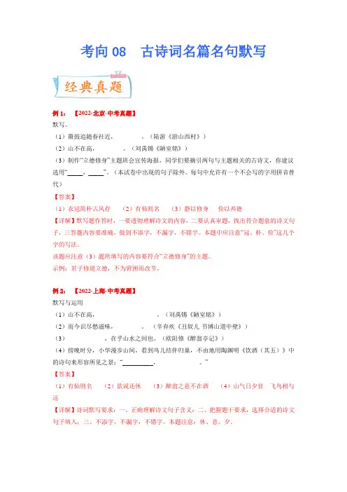 考向08：古诗词名篇名句默写-备战2023年中考语文一轮复习考点微专题(解析版)