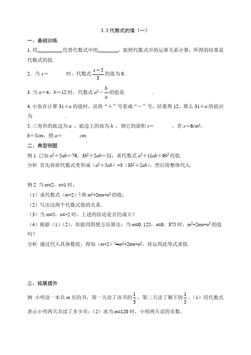 七年级数学上册代数式的值配套练习及答案