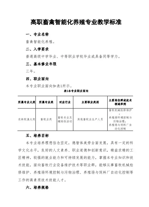 高职畜禽智能化养殖专业教学标准