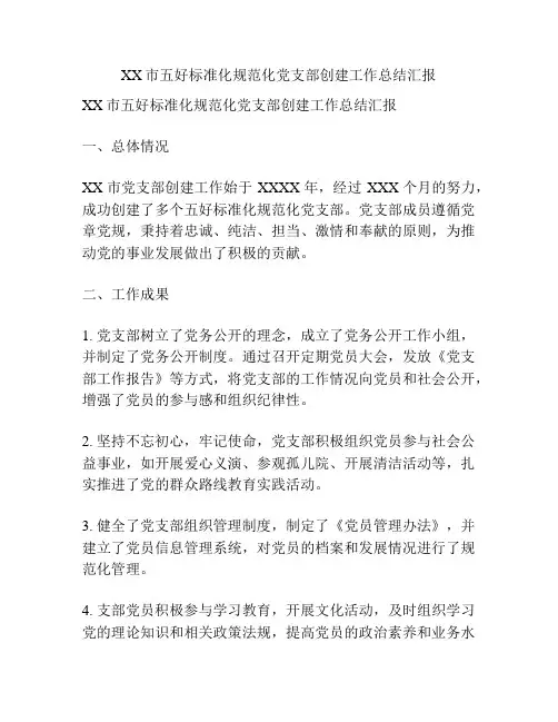 XX市五好标准化规范化党支部创建工作总结汇报
