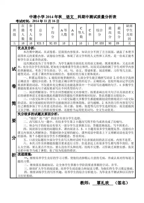 2014年秋六年级语文期中测试质量分析