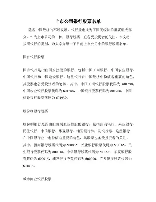 上市公司银行股票名单