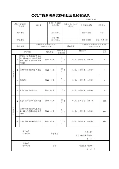 公共广播系统调试检验批质量验收记录