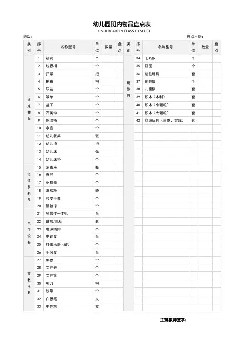 幼儿园班内物品盘点表