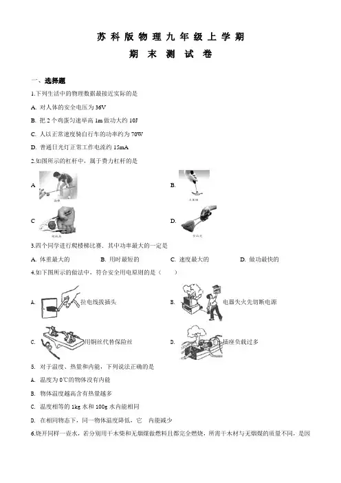 苏科版九年级上册物理《期末检测试卷》及答案解析