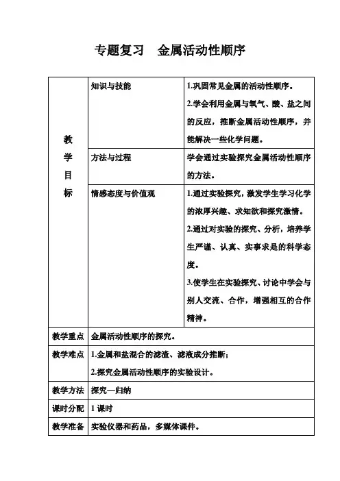 化学人教版九年级下册专题复习   金属活动性顺序   教案