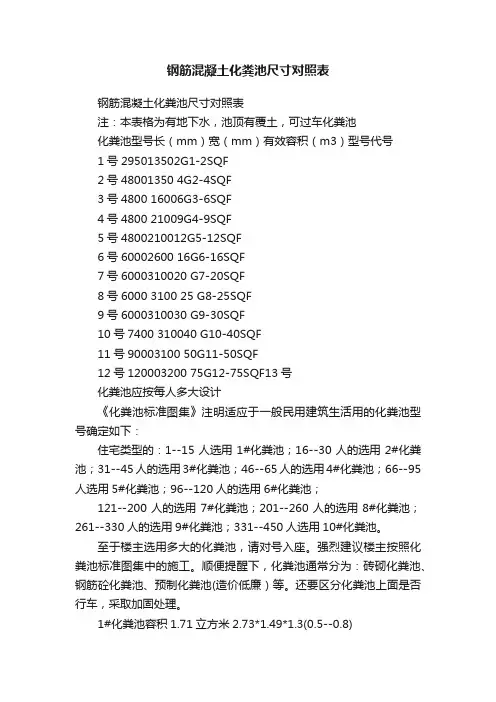钢筋混凝土化粪池尺寸对照表
