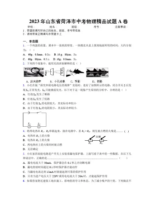 2023年山东省菏泽市中考物理精品试题A卷及解析