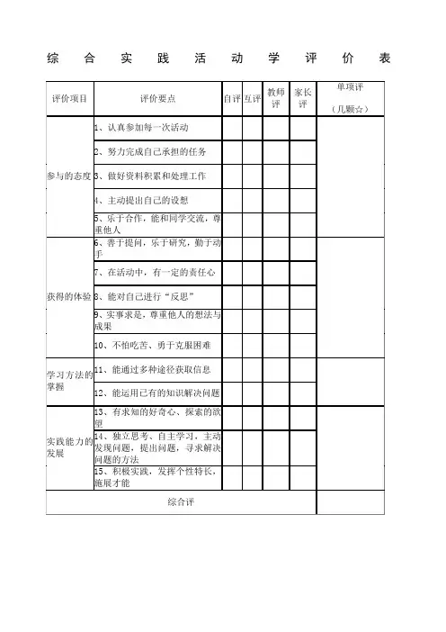 综合实践活动学生过程性评价表及终结评价表