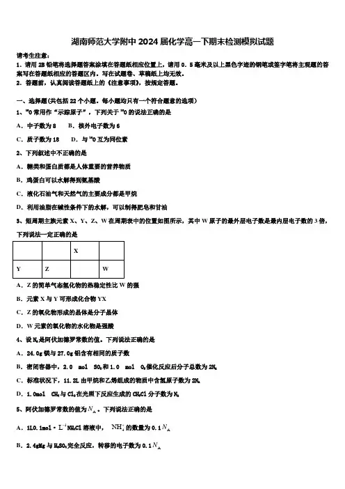 湖南师范大学附中2024届化学高一下期末检测模拟试题含解析