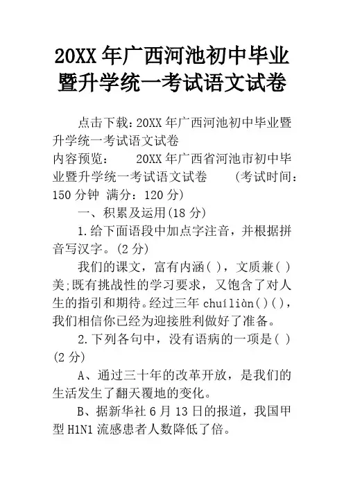 20XX年广西河池初中毕业暨升学统一考试语文试卷