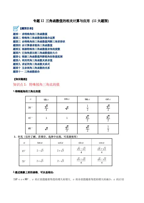 专题12 锐角三角函数的相关计算重难点题型专训(11大题型)(解析版)