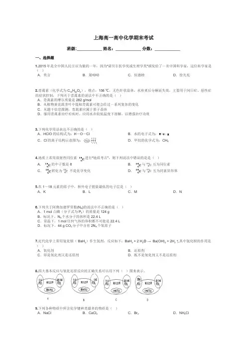 上海高一高中化学期末考试带答案解析
