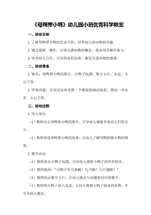 《母鸭带小鸭》幼儿园小班优秀科学教案