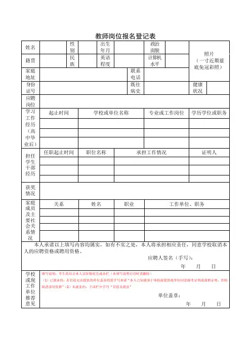 教师岗位报名登记表