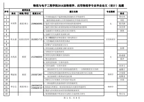 2016届物理学、应用物理学毕业论文(设计)选题登记表